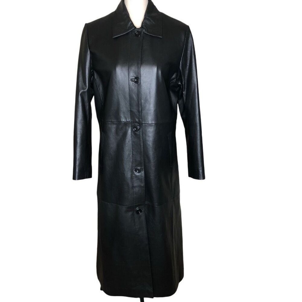 Black Leather Full Midi Length Jacket Size M